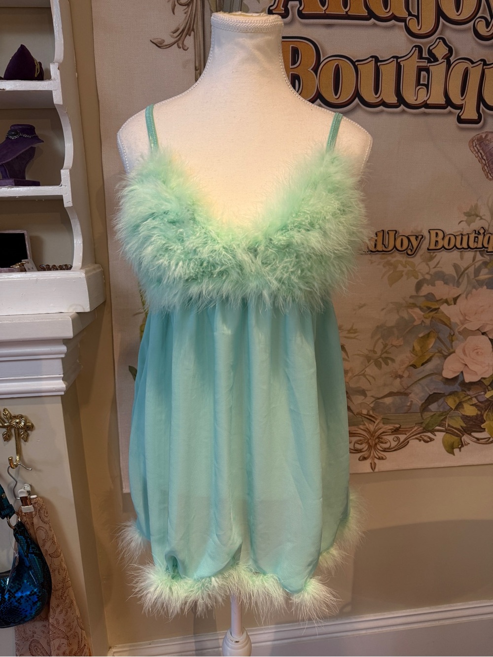 Mint Feather Trim Women’s Babydoll Chemise